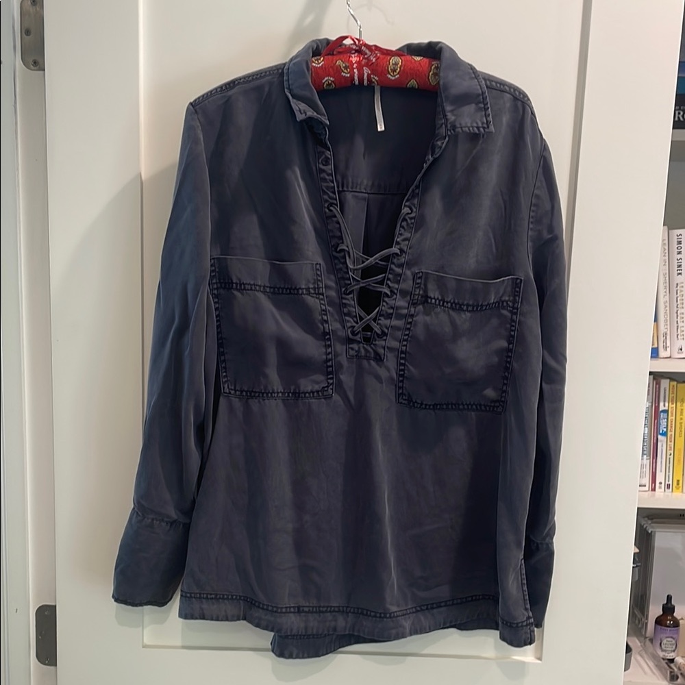 Elegant Navy Lace-Up Women's Blouse